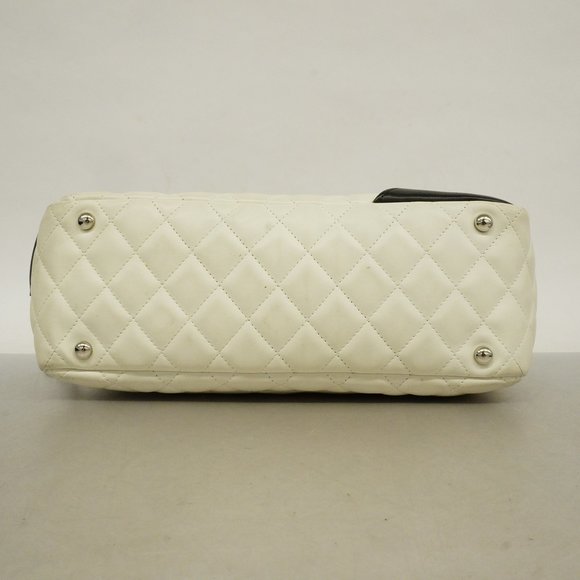 Auth Chanel Shoulder Bag Cambon Line Bowling Bag Lambskin White/Black Silver ... - Picture 3 of 10